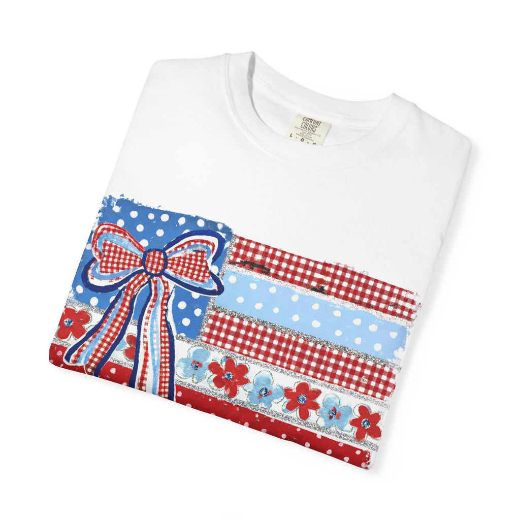 Patriotic Patchwork Flag T-Shirt — Red White & Blue Bow Tee