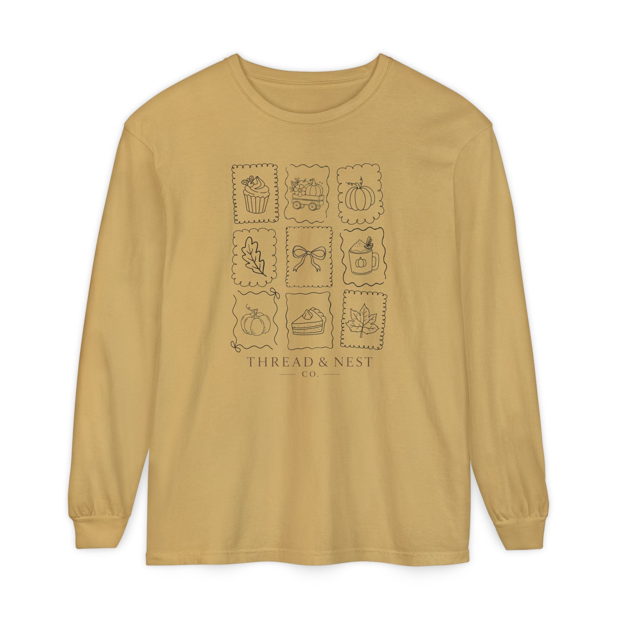 Autumn Icons Long Sleeve Tee — Hand-Drawn Fall Stamps Design