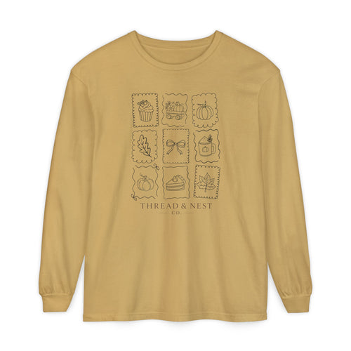 Autumn Icons Long Sleeve Tee — Hand-Drawn Fall Stamps Design