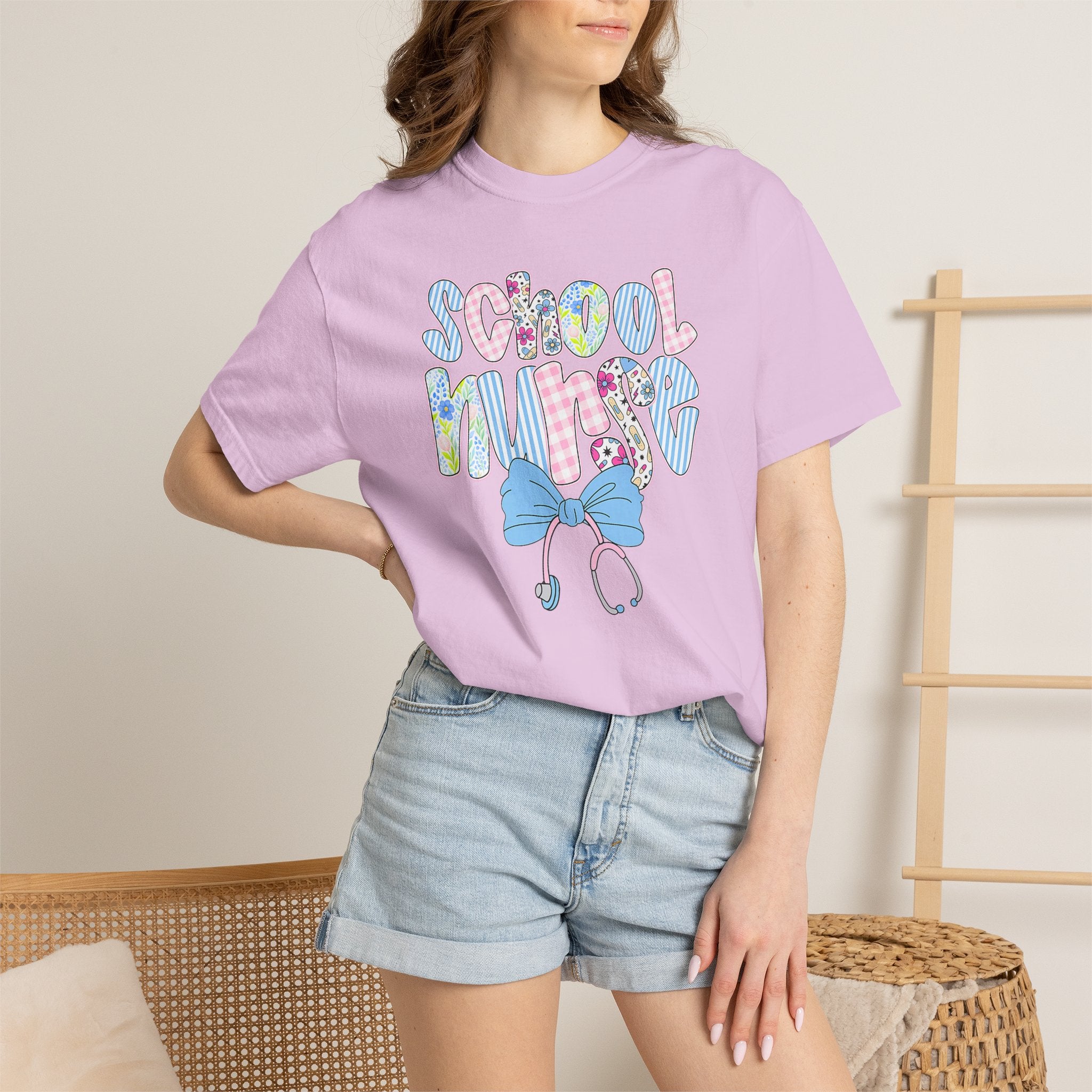 School Nurse T-Shirt — Cute Pastel Medical Design with Stethoscope & Bow