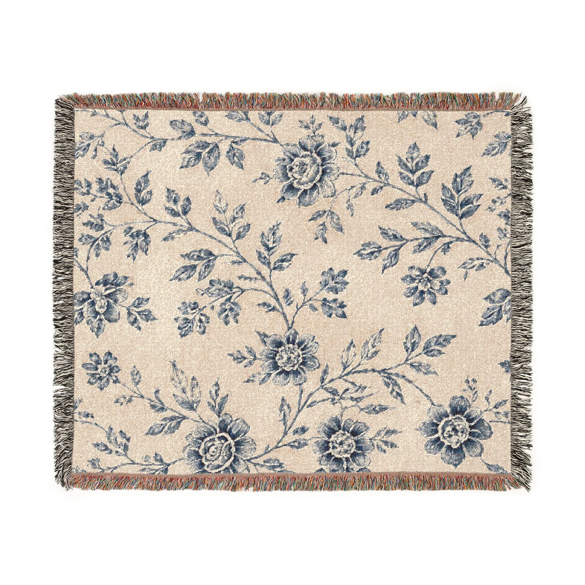French Toile Woven Blanket — Vintage Floral Fringe Throw Blanket