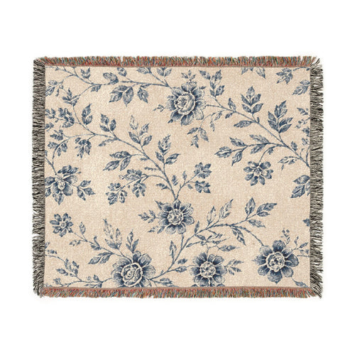 French Toile Woven Blanket — Vintage Floral Fringe Throw Blanket