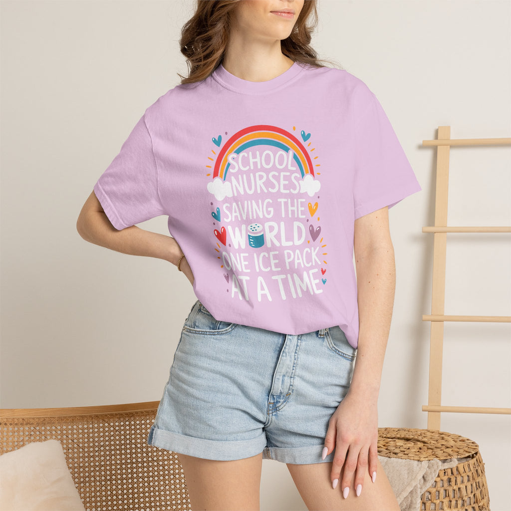 School Nurse T-Shirt — "Saving the World One Ice Pack at a Time" Cute Rainbow Graphic