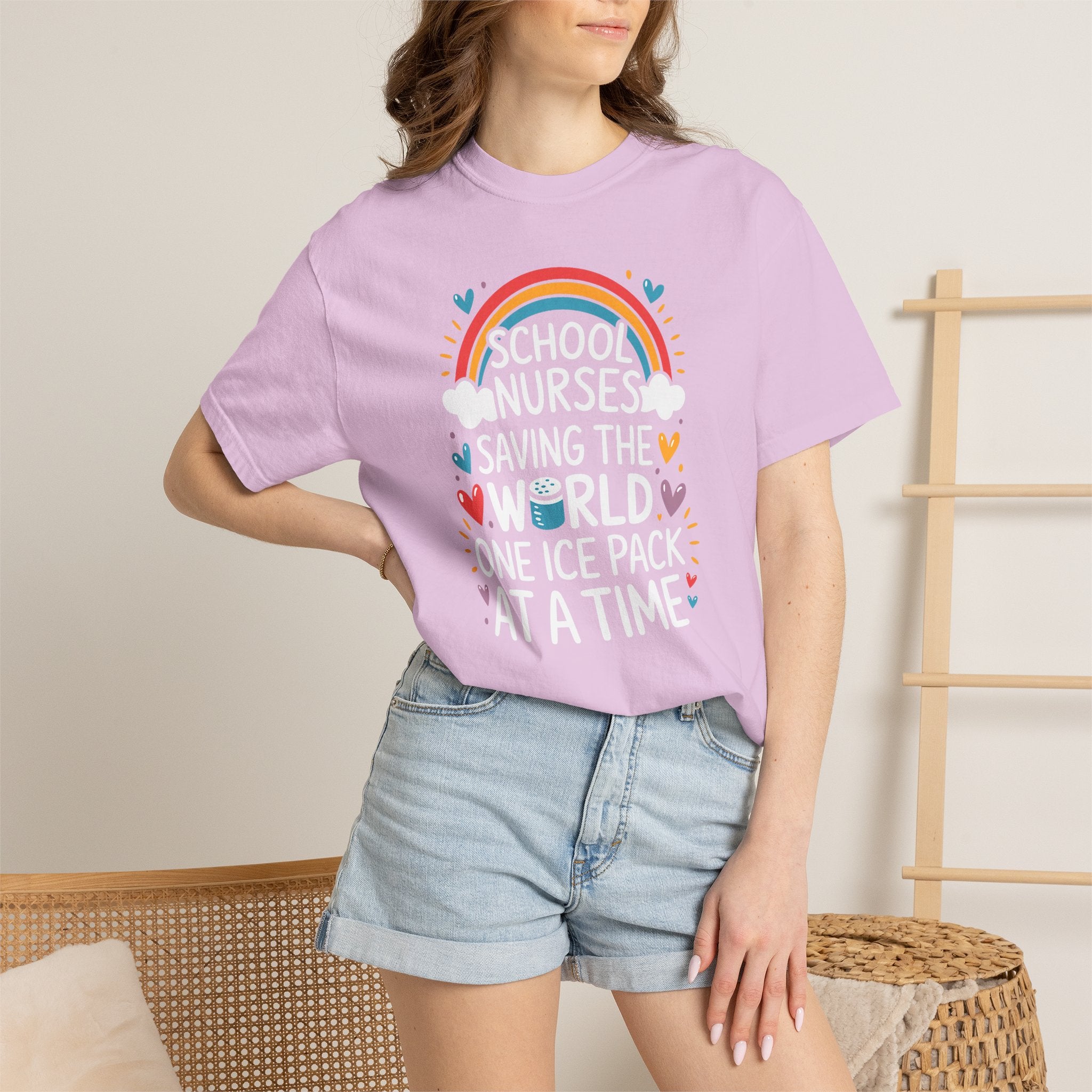 School Nurse T-Shirt — "Saving the World One Ice Pack at a Time" Cute Rainbow Graphic