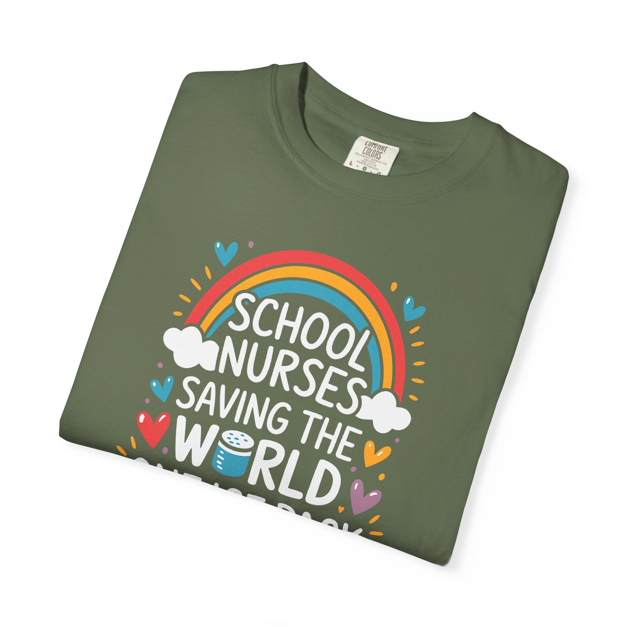 School Nurse T-Shirt — "Saving the World One Ice Pack at a Time" Cute Rainbow Graphic
