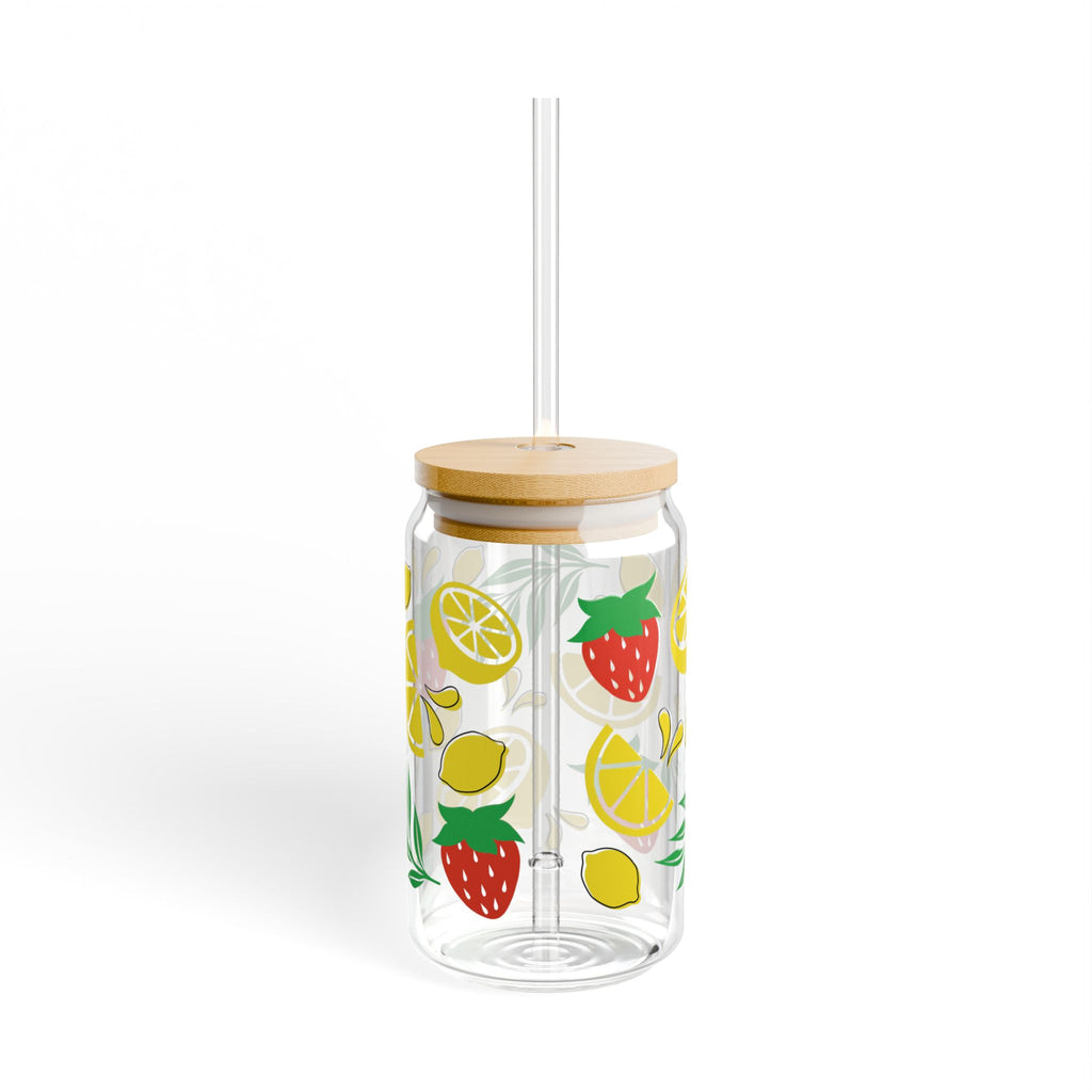 16oz Lemon Strawberry Sipper Glass with Bamboo Lid & Straw — Summer Fruit Drink Tumbler