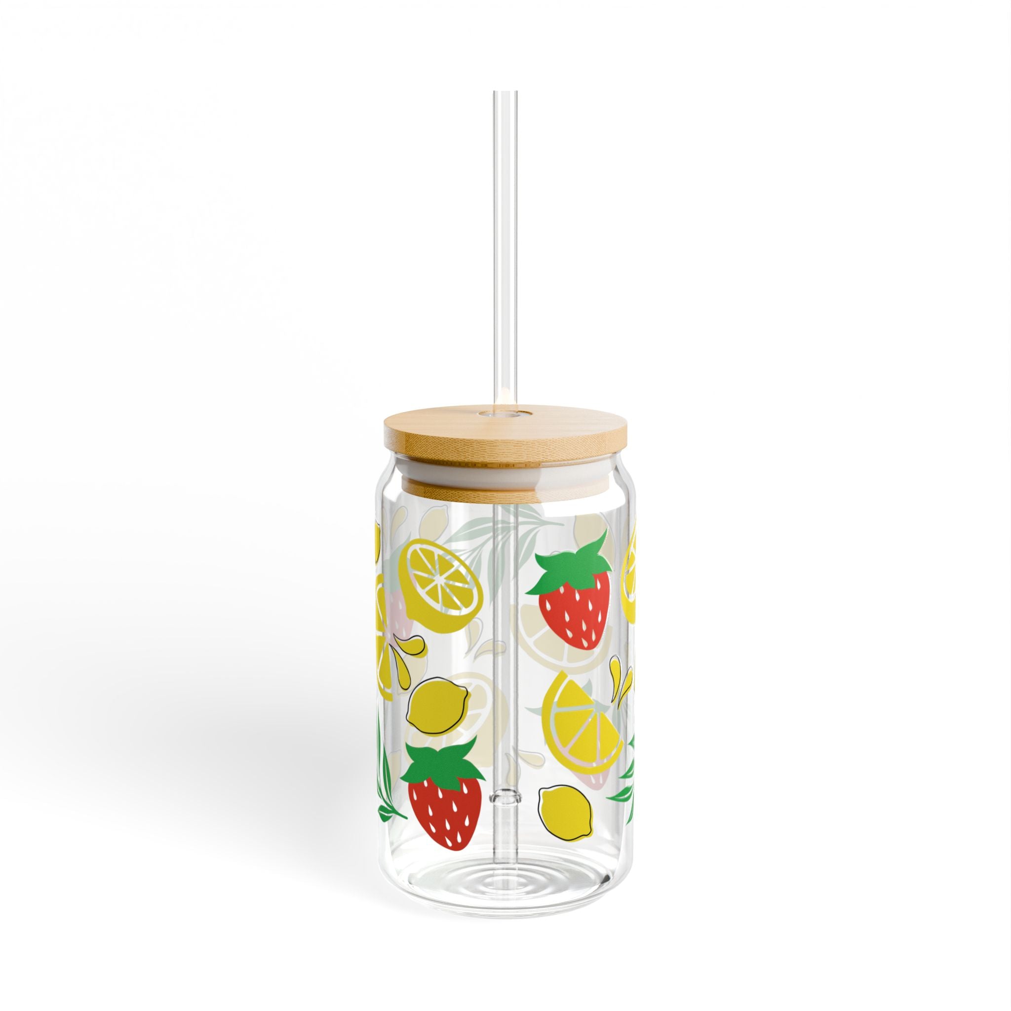 16oz Lemon Strawberry Sipper Glass with Bamboo Lid & Straw — Summer Fruit Drink Tumbler