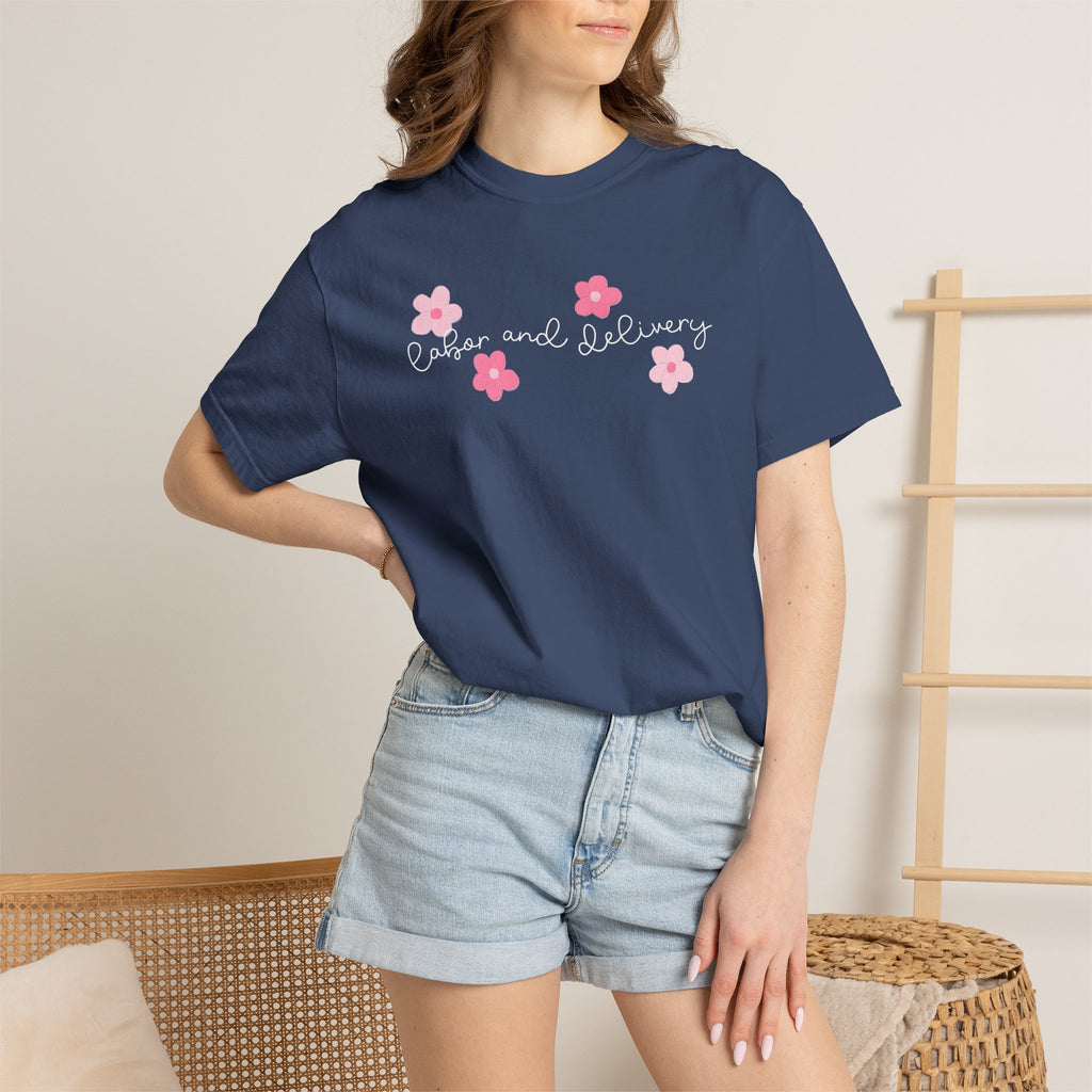 T-Shirt — “Labor and Delivery” Pink Flower Script Tee