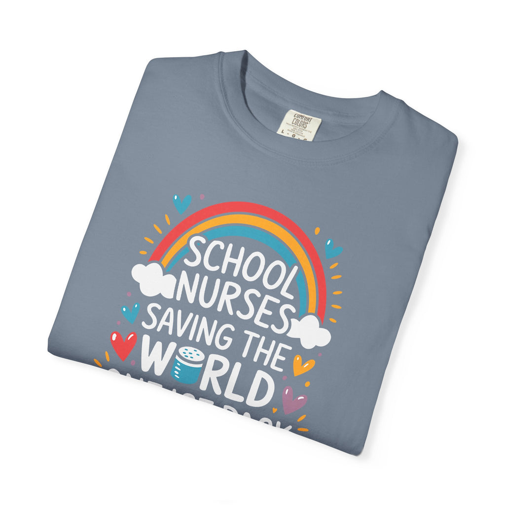 School Nurse T-Shirt — "Saving the World One Ice Pack at a Time" Cute Rainbow Graphic