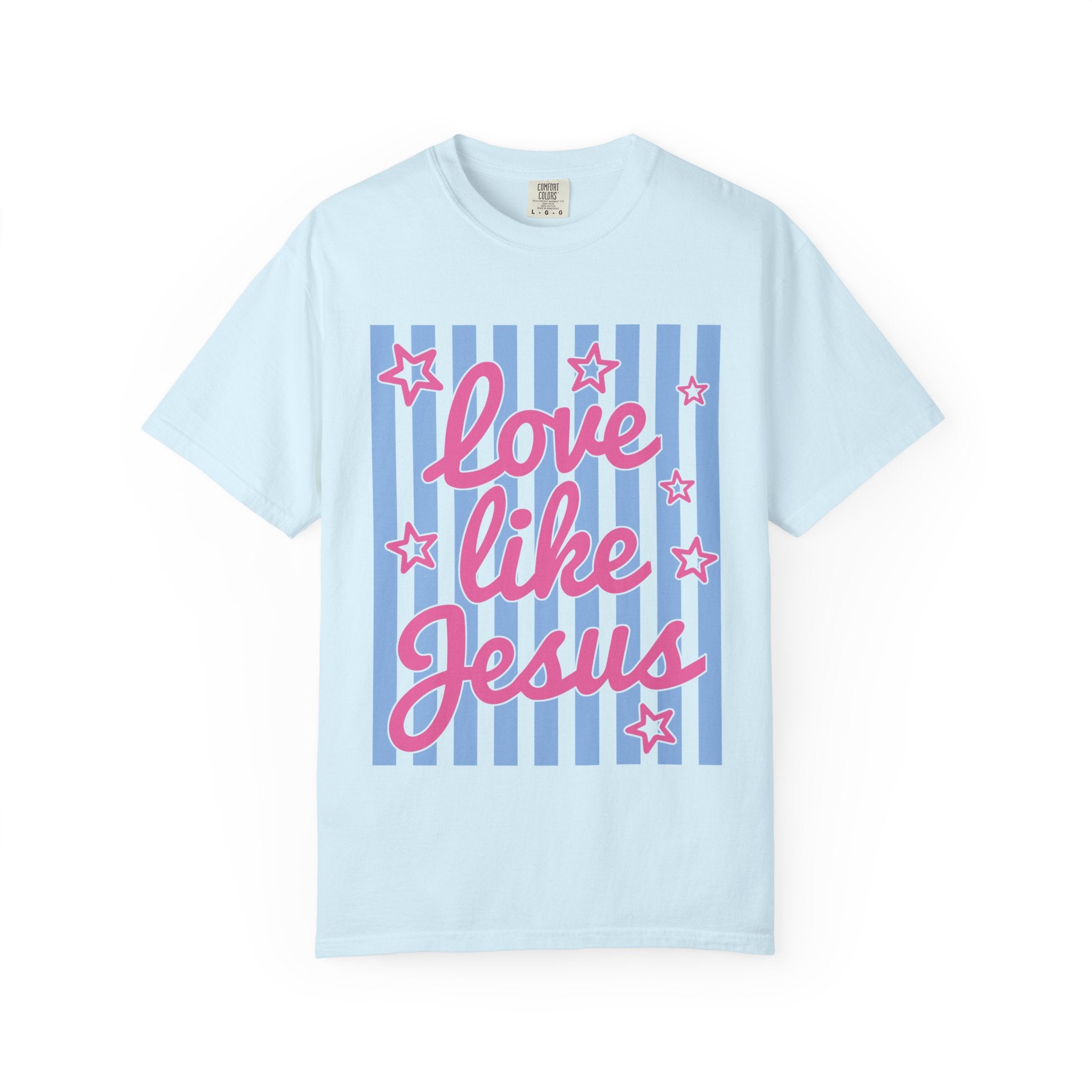 Love Like Jesus T-Shirt — Retro Pink Script on Blue Stripe Christian Tee