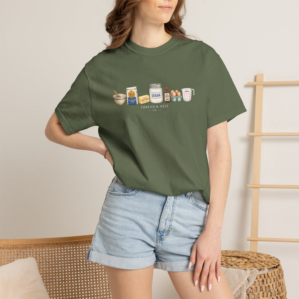Baking Ingredients T-Shirt — Cute Illustrated Flour, Eggs & Milk Kitchen Tee