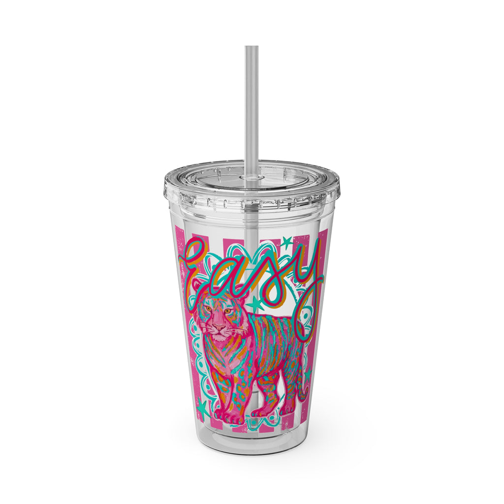 16oz Sunsplash Tumbler with Straw — Colorful 'Easy' Tiger Design