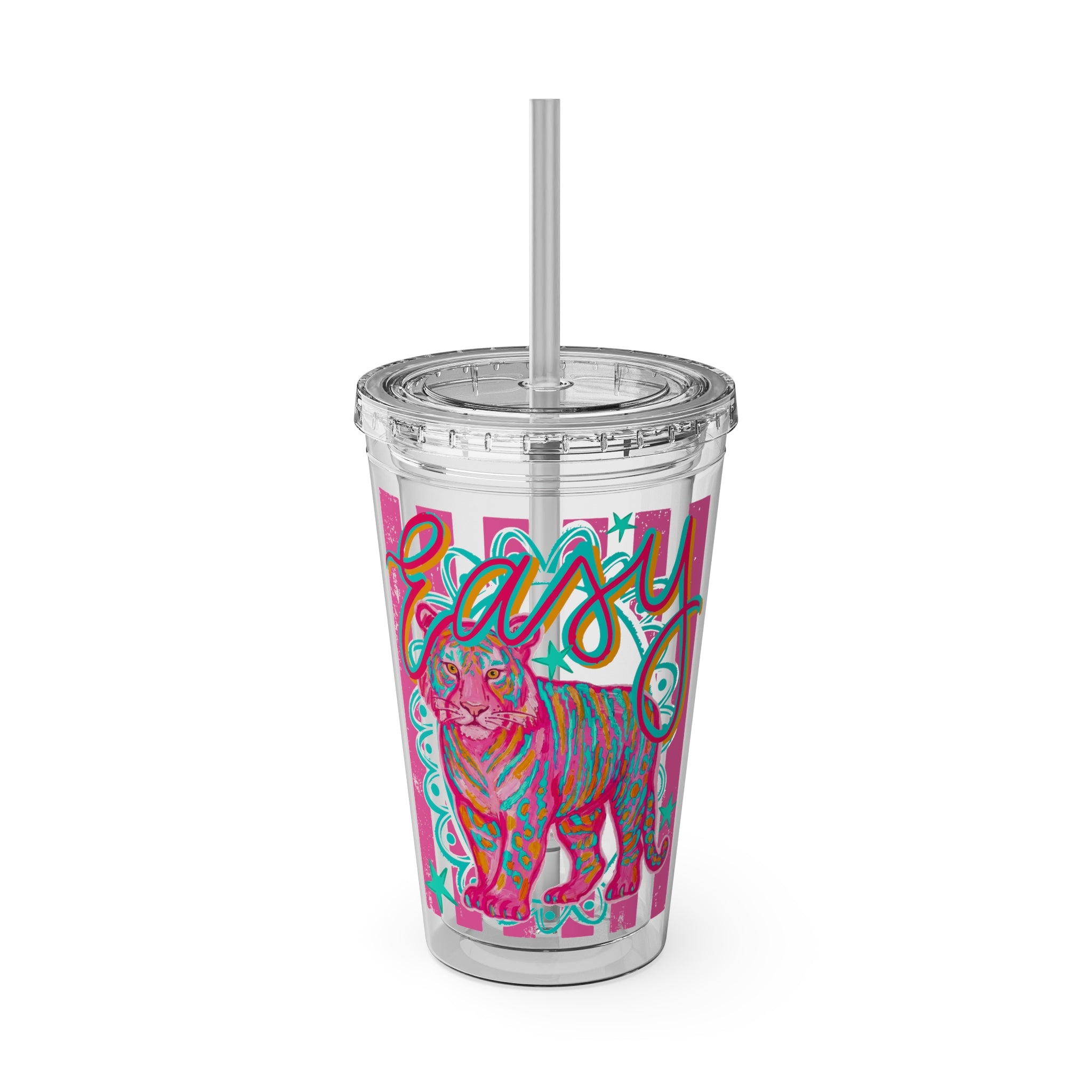 16oz Sunsplash Tumbler with Straw — Colorful 'Easy' Tiger Design