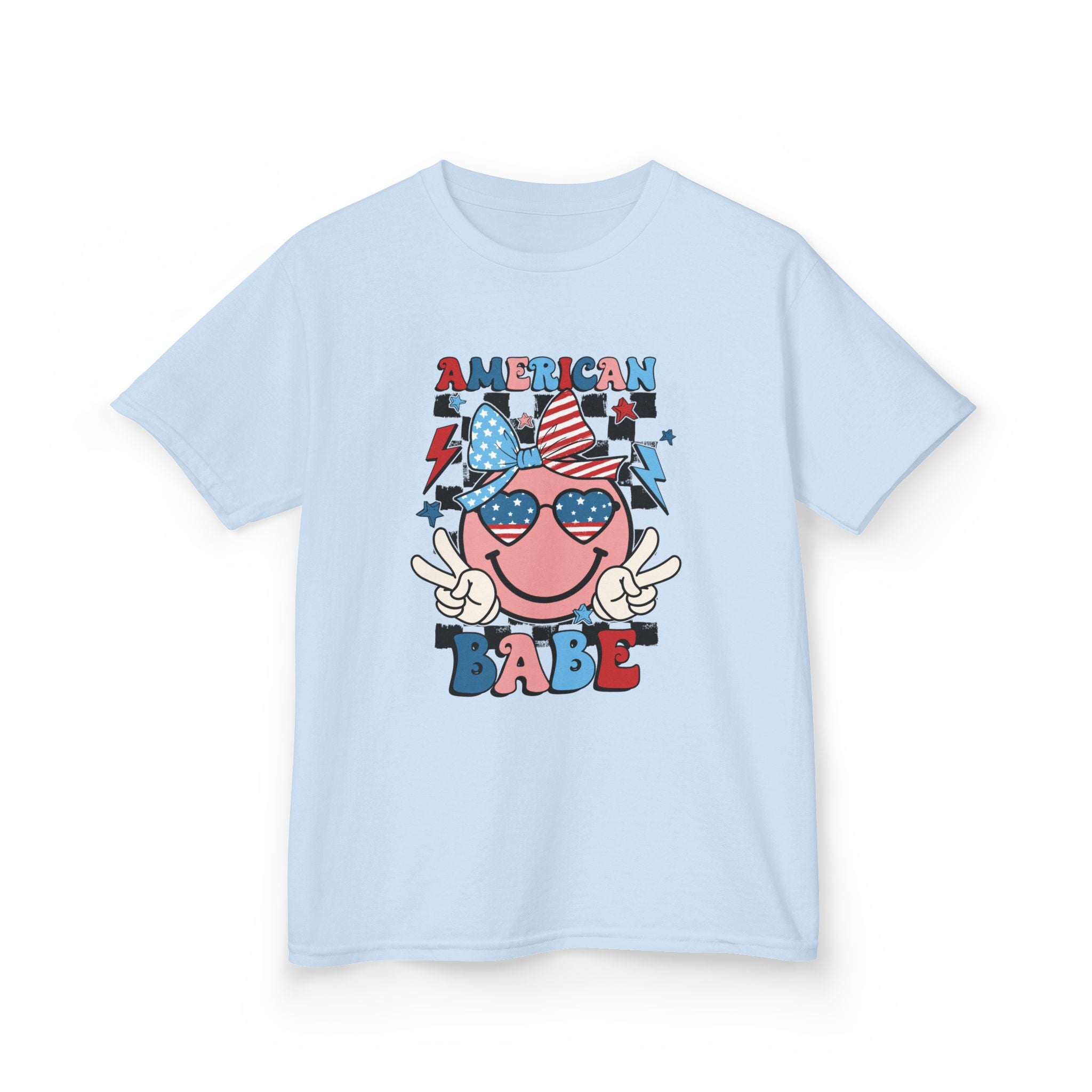 American Babe Kids T‑Shirt – Patriotic Smiley Sunglasses 4th of July Tee