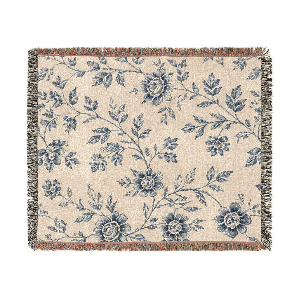 French Toile Woven Blanket — Vintage Floral Fringe Throw Blanket