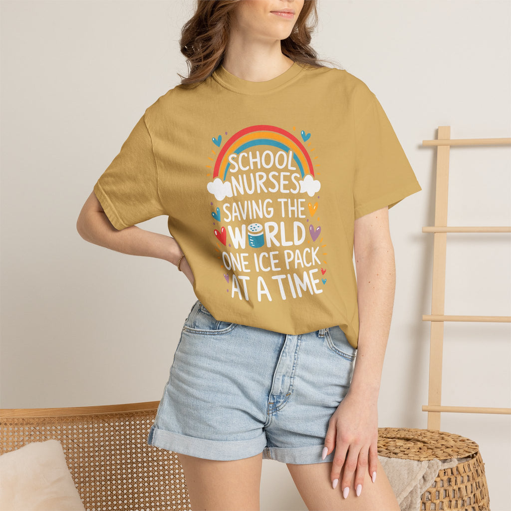 School Nurse T-Shirt — "Saving the World One Ice Pack at a Time" Cute Rainbow Graphic