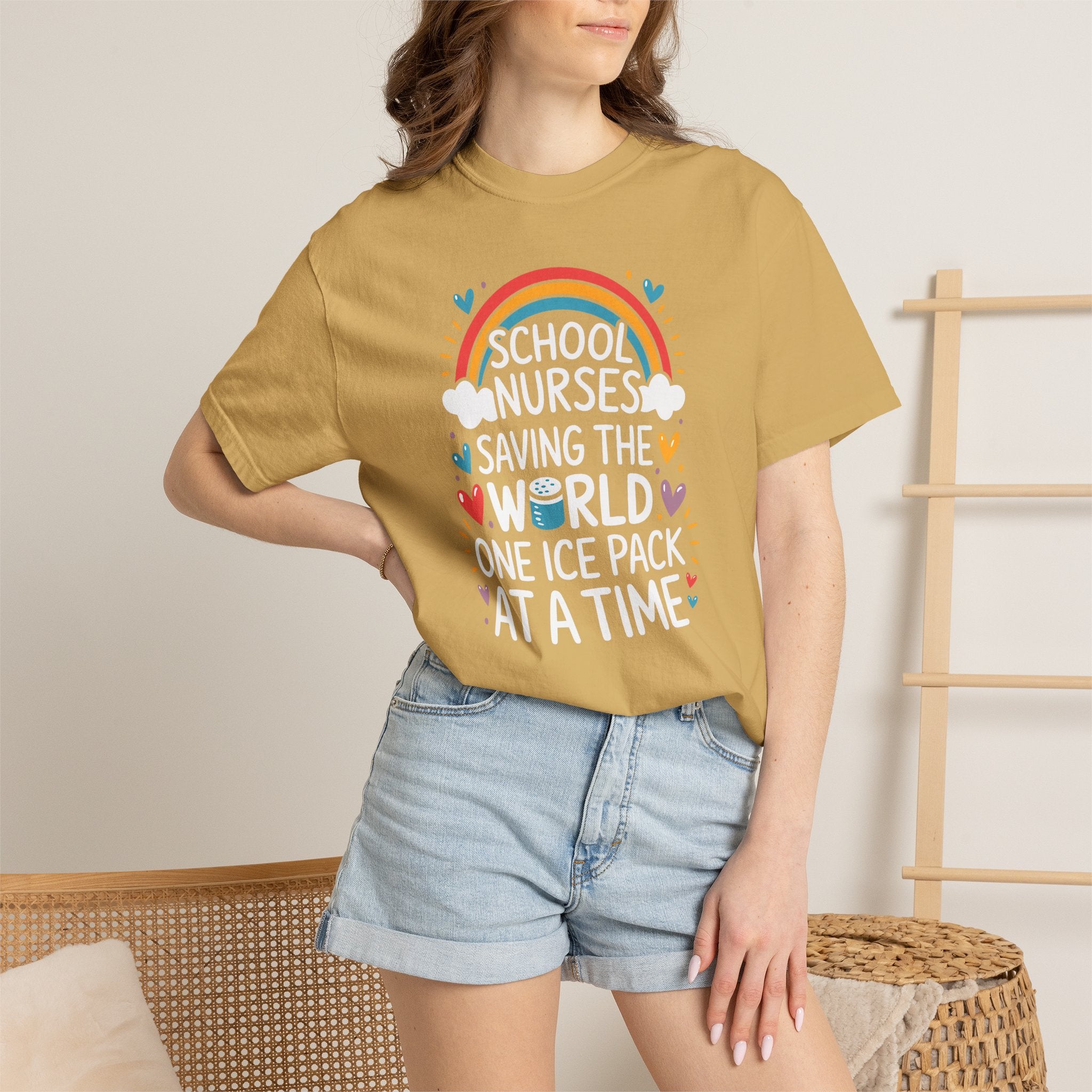 School Nurse T-Shirt — "Saving the World One Ice Pack at a Time" Cute Rainbow Graphic