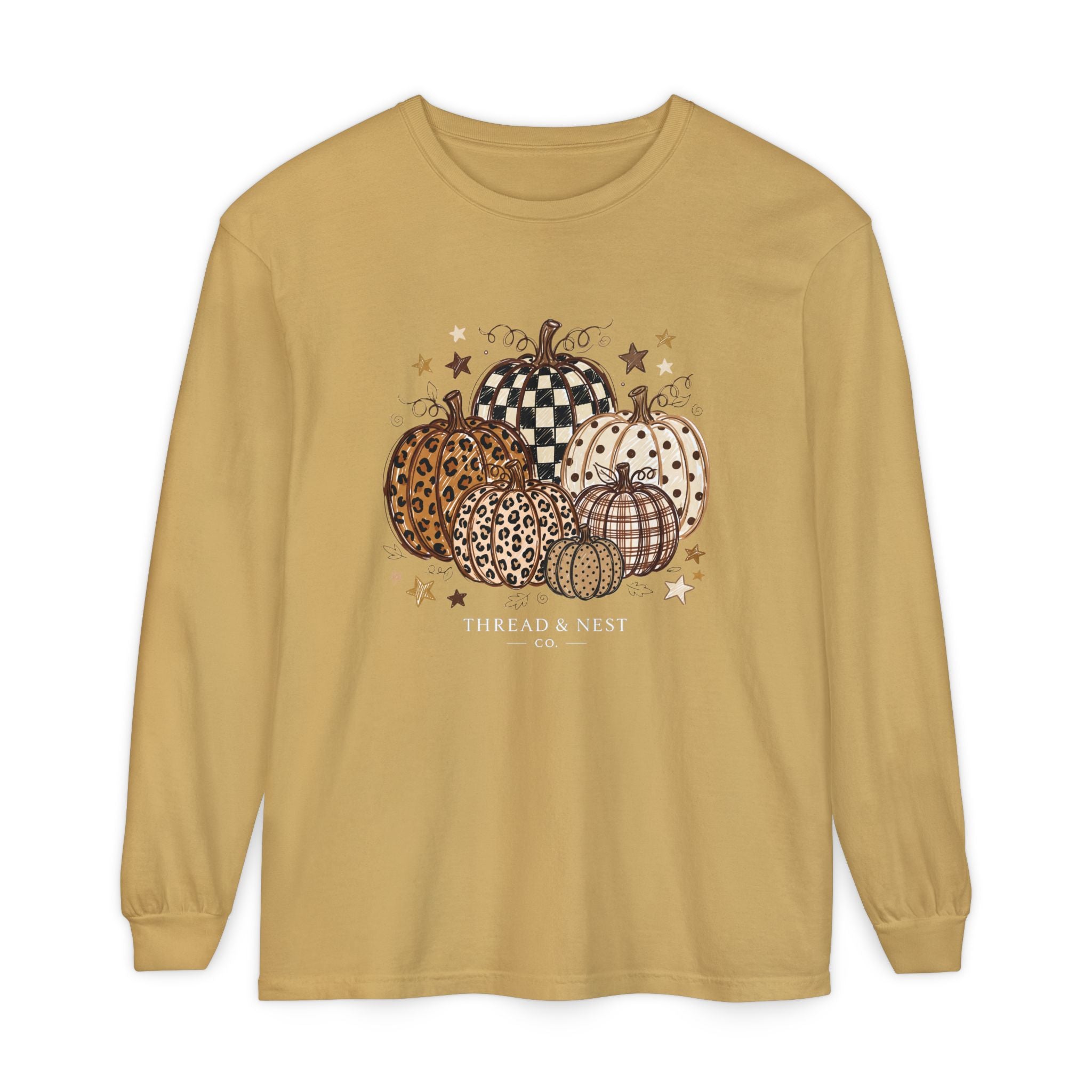 Fall Patterned Pumpkins Long Sleeve Tee — Neutral Plaid & Leopard Pumpkin Shirt