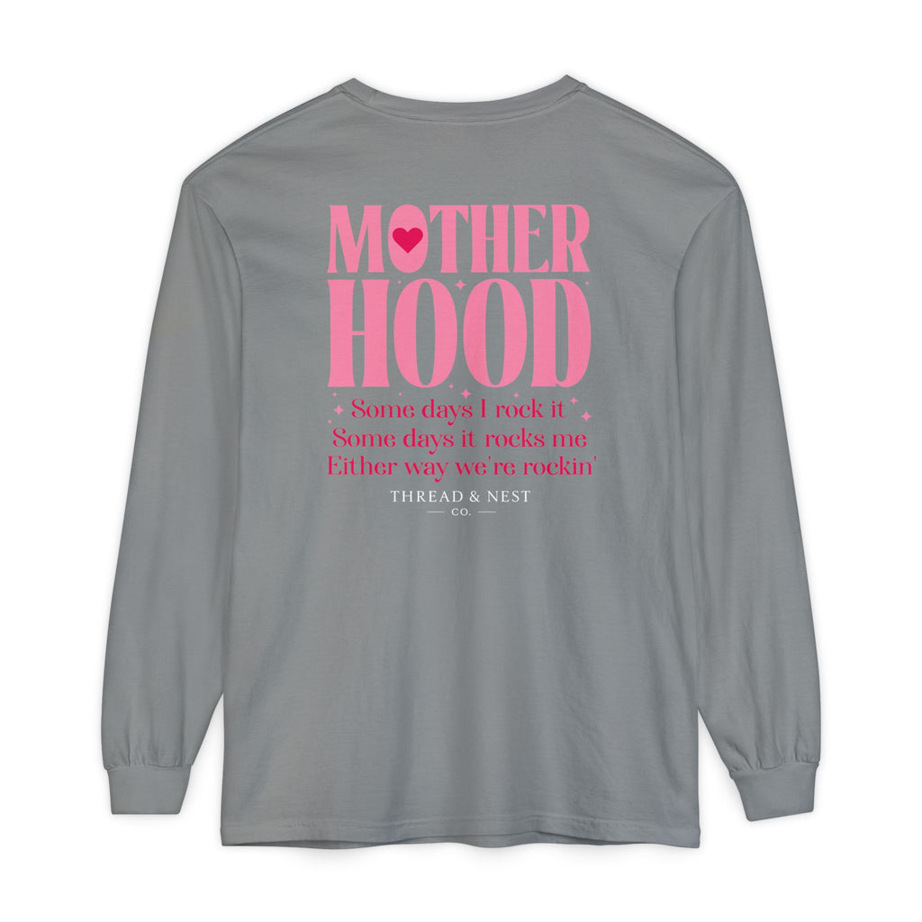 Motherhood Long Sleeve Tee — Pink Retro Heart Graphic