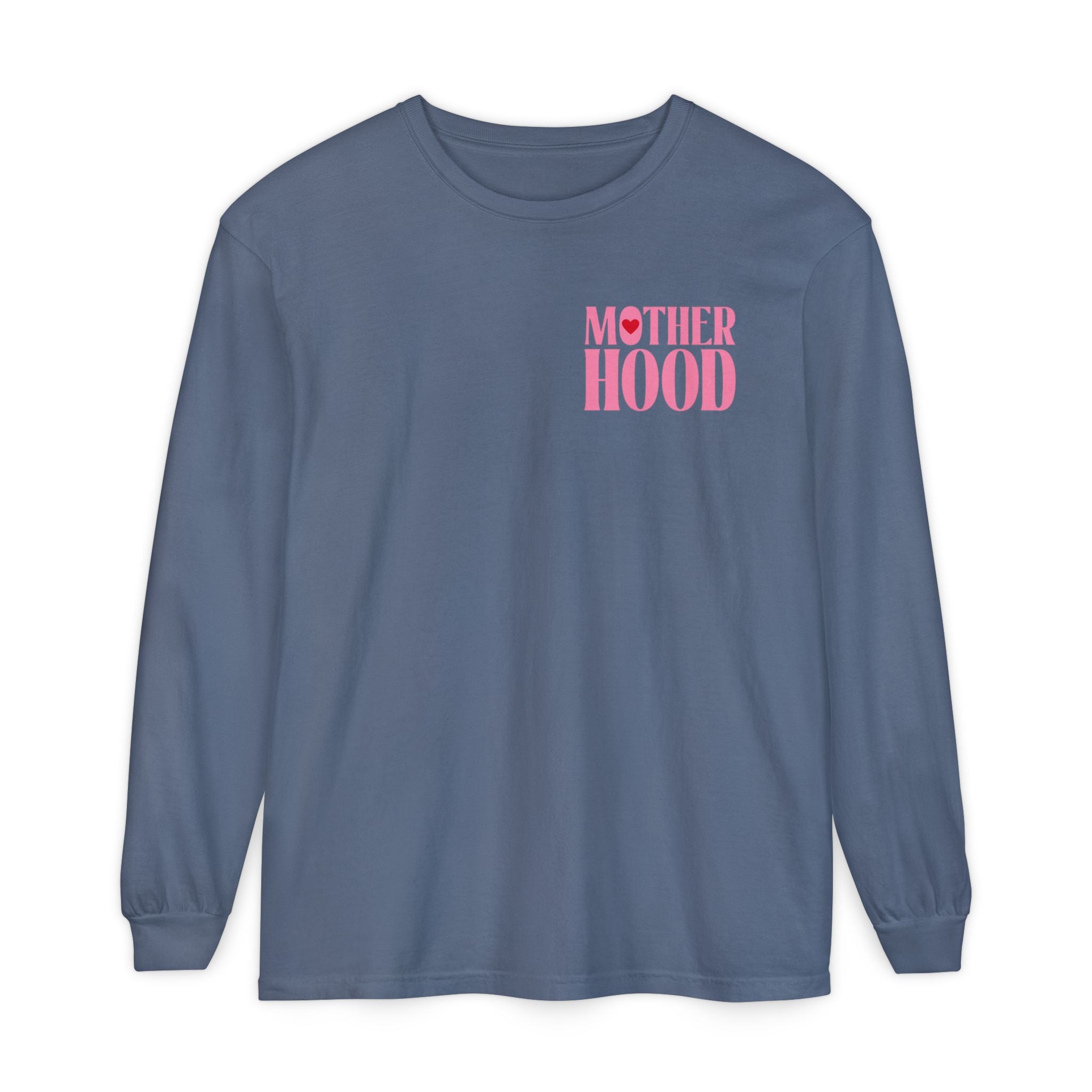 Motherhood Long Sleeve Tee — Pink Retro Heart Graphic