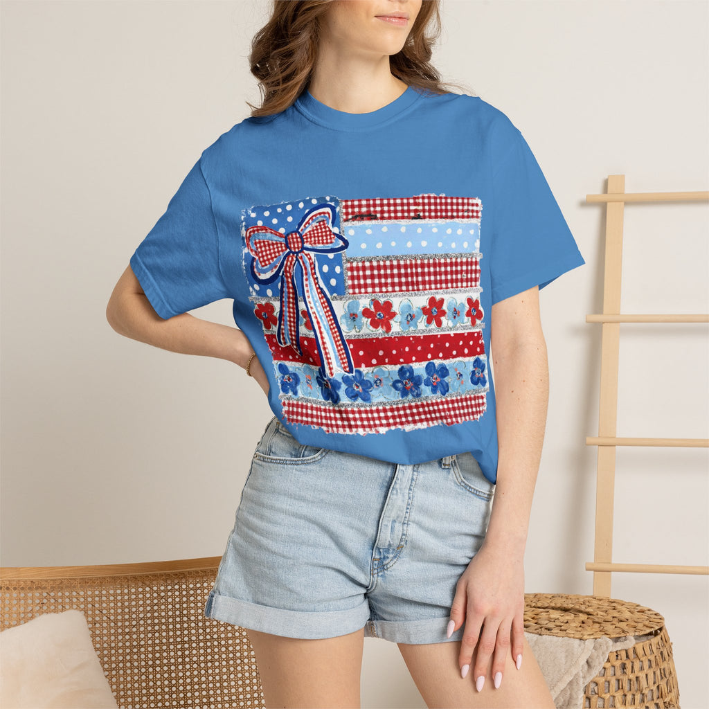 Patriotic Patchwork Flag T-Shirt — Red White & Blue Bow Tee