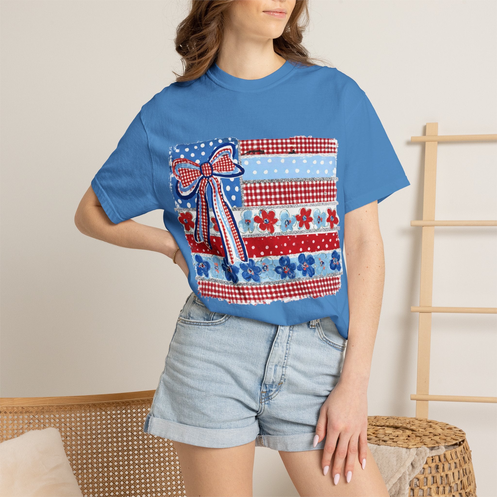 Patriotic Patchwork Flag T-Shirt — Red White & Blue Bow Tee