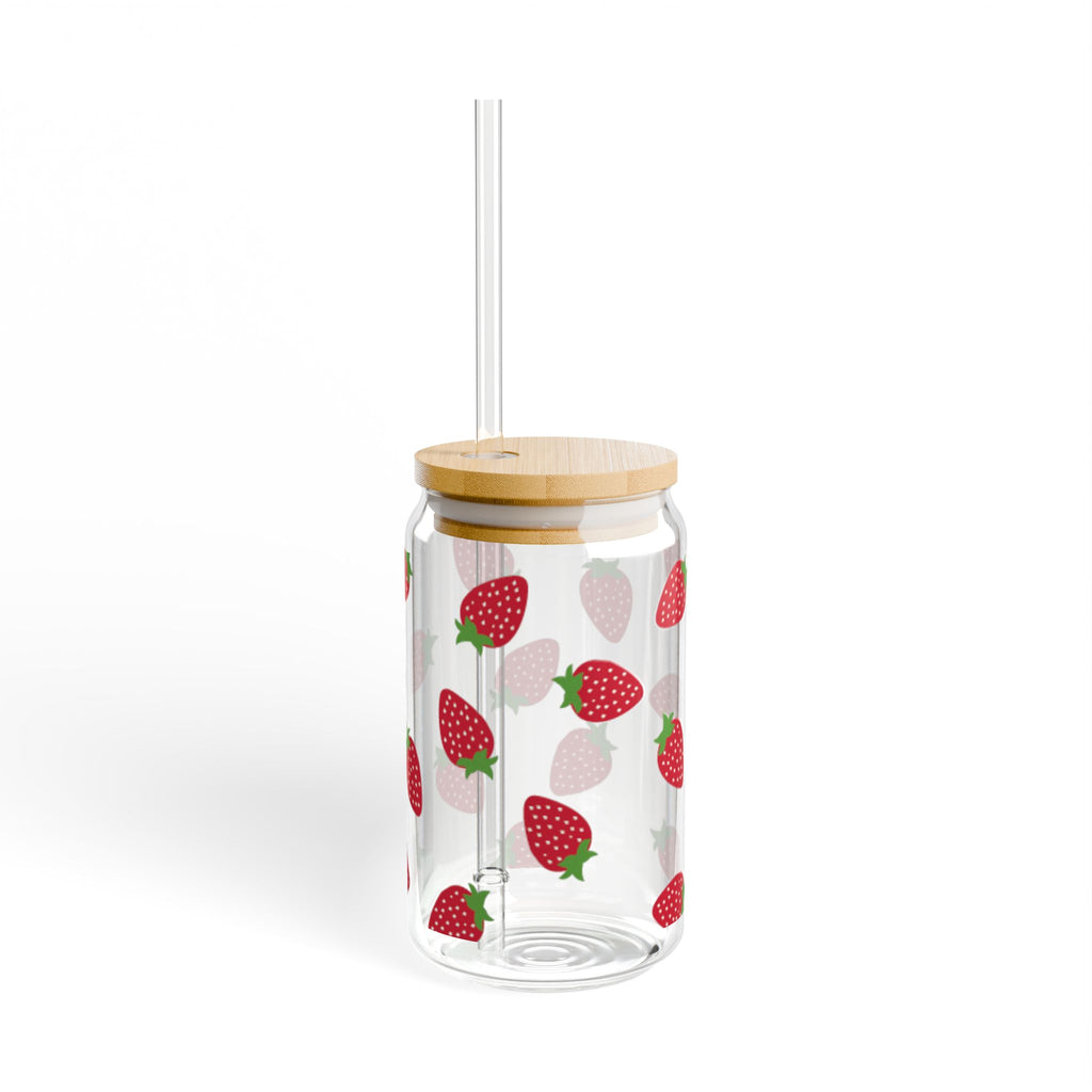 Strawberry Pattern Sipper Glass, 16oz – Clear Mason-Style Tumbler with Bamboo Lid & Straw