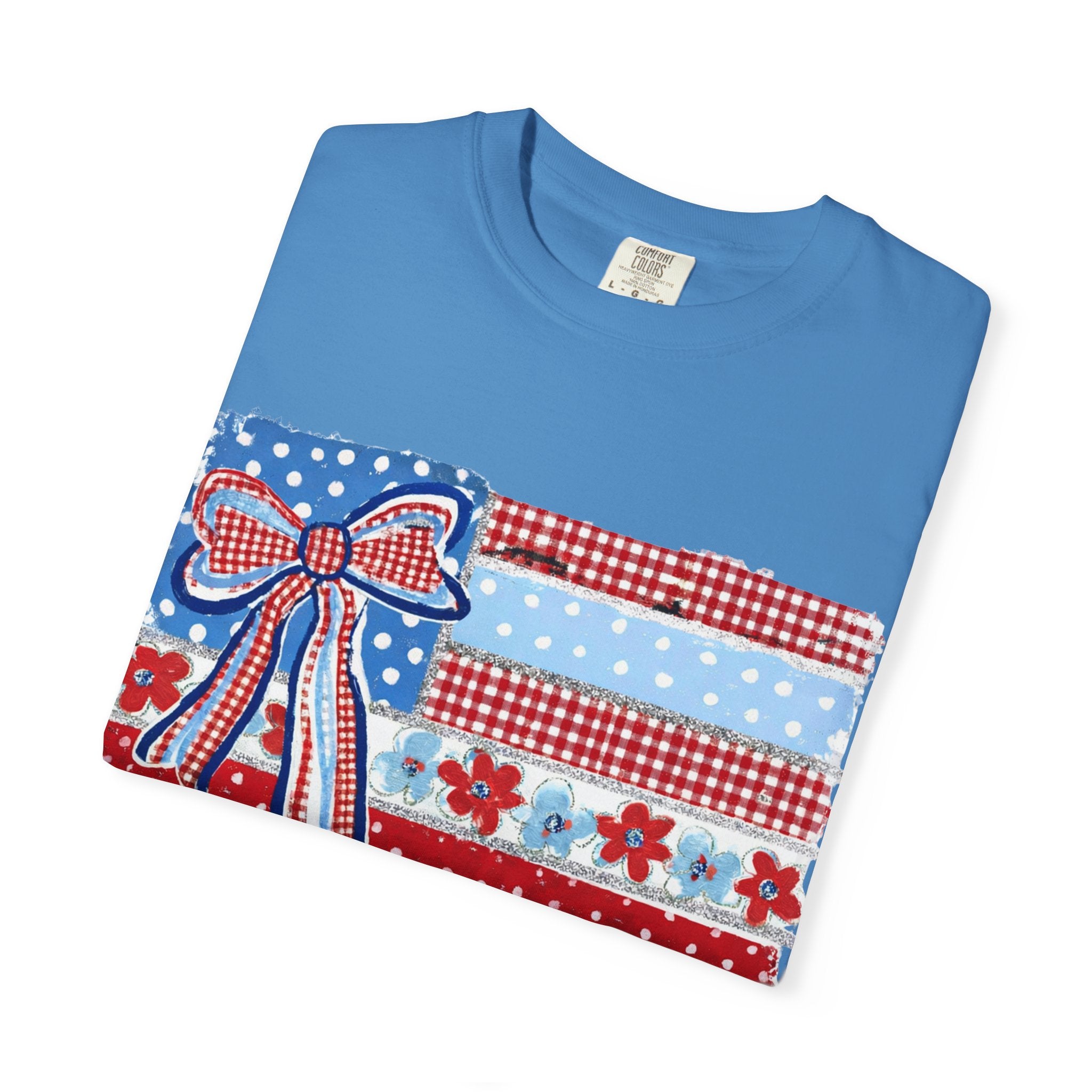 Patriotic Patchwork Flag T-Shirt — Red White & Blue Bow Tee