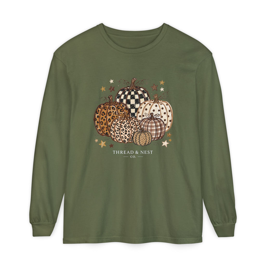 Fall Patterned Pumpkins Long Sleeve Tee — Neutral Plaid & Leopard Pumpkin Shirt