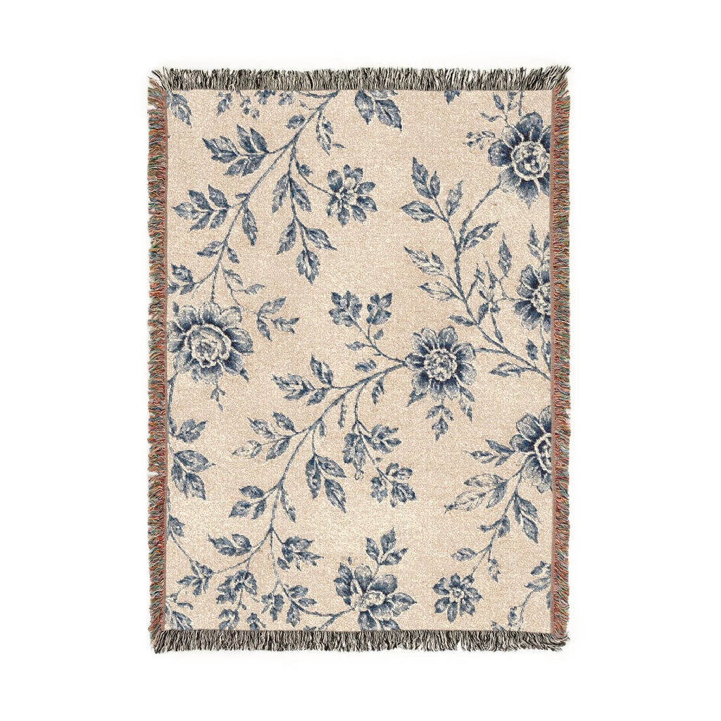 French Toile Woven Blanket — Vintage Floral Fringe Throw Blanket