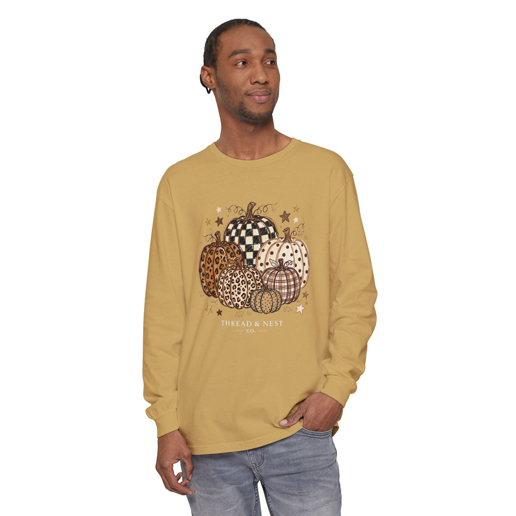 Fall Patterned Pumpkins Long Sleeve Tee — Neutral Plaid & Leopard Pumpkin Shirt