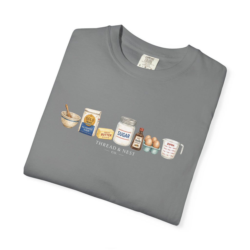 Baking Ingredients T-Shirt — Cute Illustrated Flour, Eggs & Milk Kitchen Tee
