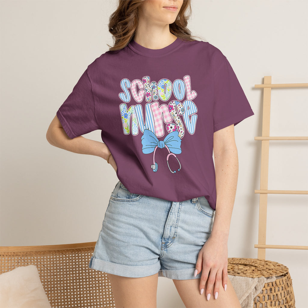 School Nurse T-Shirt — Cute Pastel Medical Design with Stethoscope & Bow
