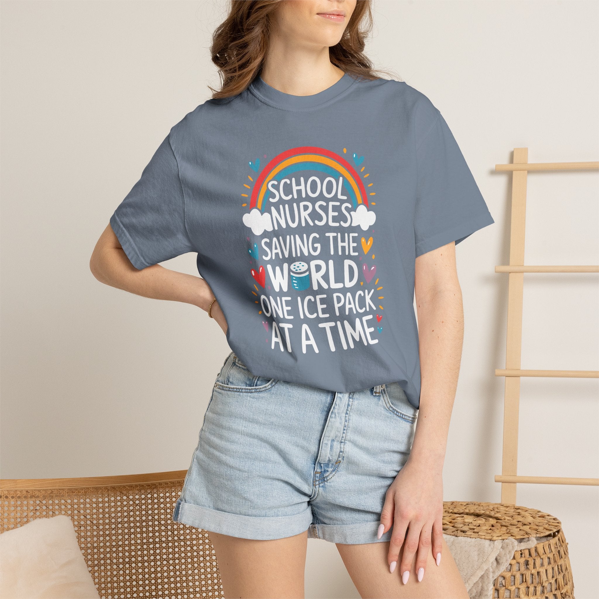 School Nurse T-Shirt — "Saving the World One Ice Pack at a Time" Cute Rainbow Graphic