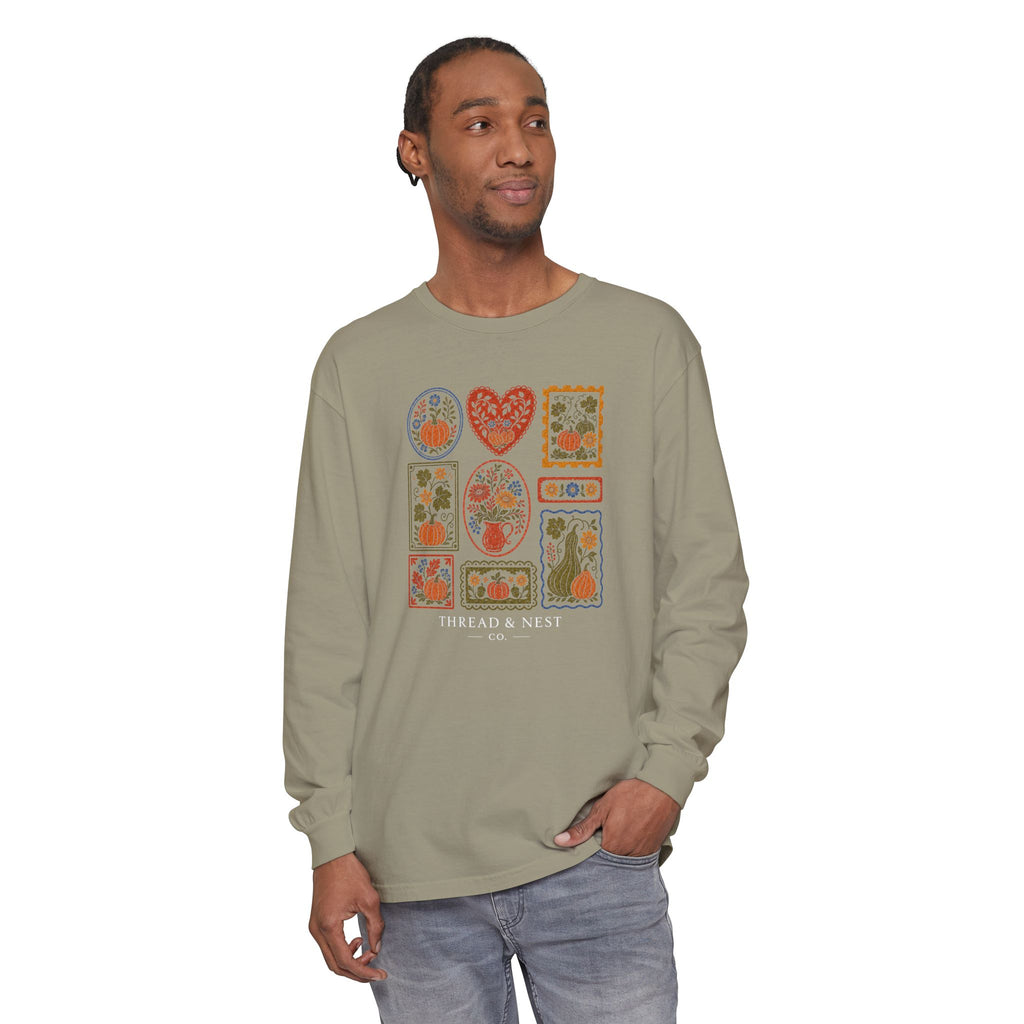 Botanical Patchwork Long Sleeve Tee — "Thread & Nest" Graphic