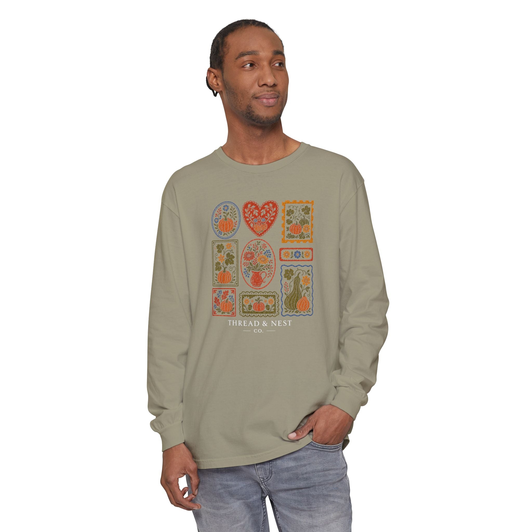 Botanical Patchwork Long Sleeve Tee — "Thread & Nest" Graphic