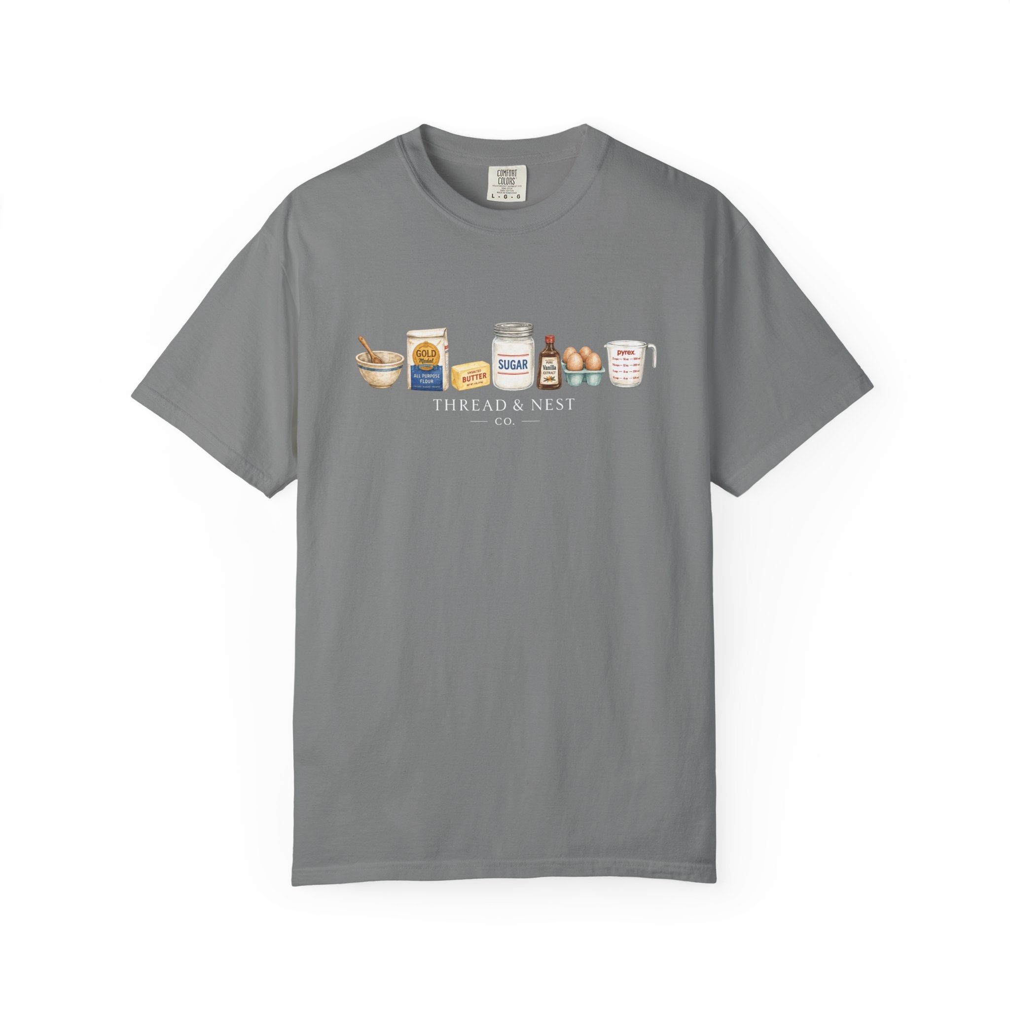 Baking Ingredients T-Shirt — Cute Illustrated Flour, Eggs & Milk Kitchen Tee