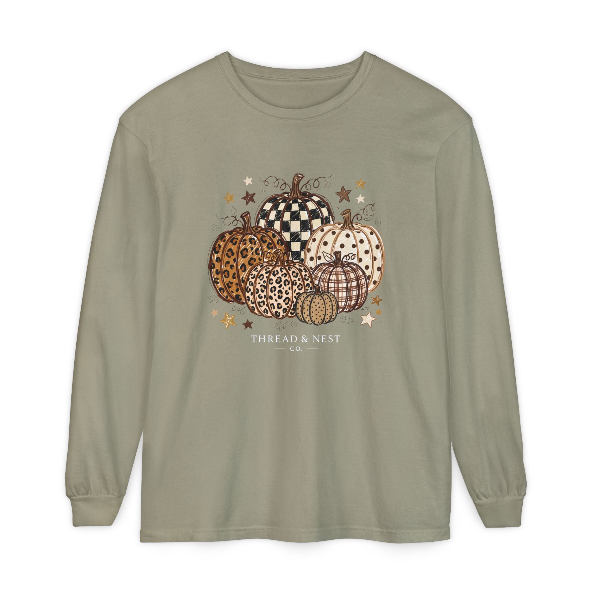 Fall Patterned Pumpkins Long Sleeve Tee — Neutral Plaid & Leopard Pumpkin Shirt