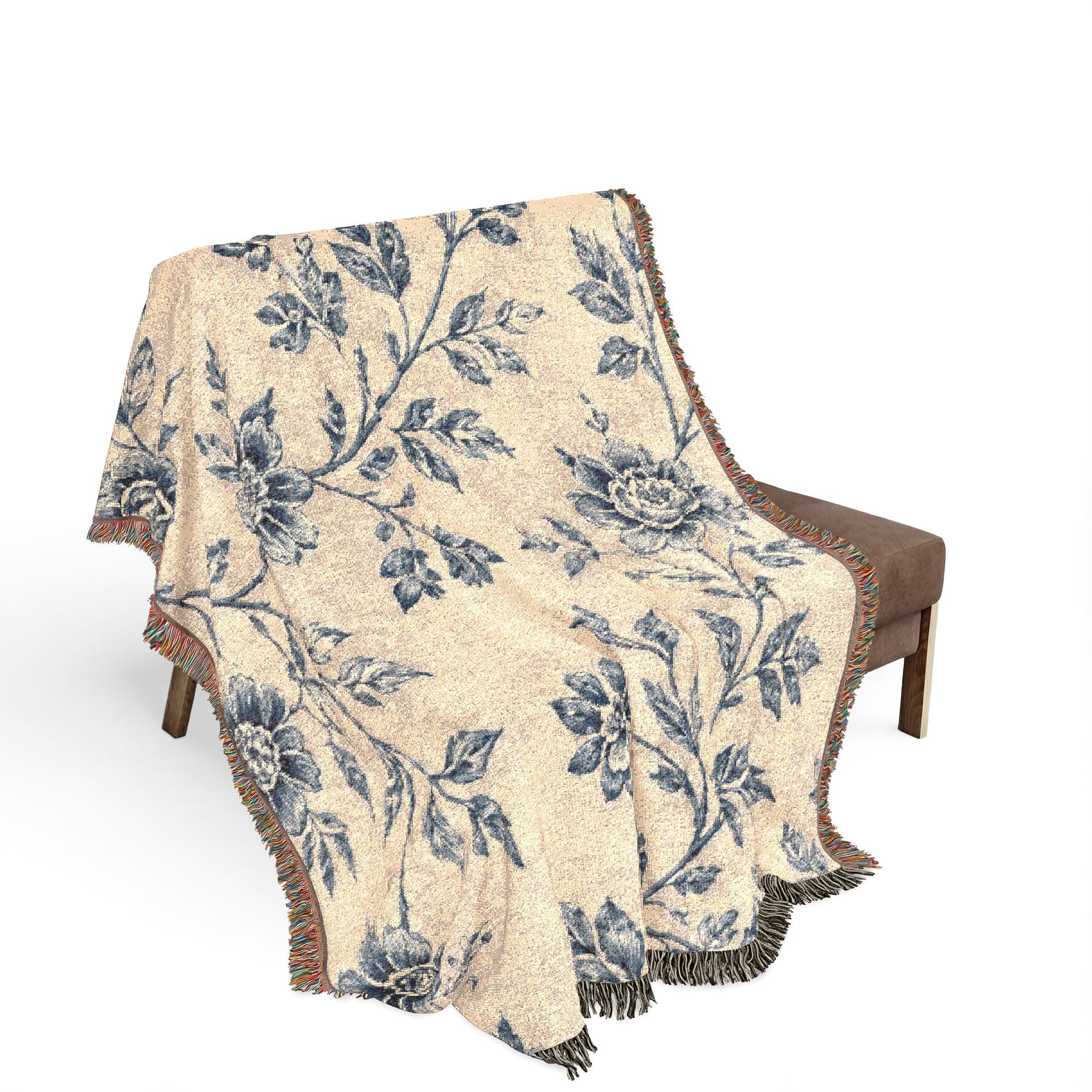 French Toile Woven Blanket — Vintage Floral Fringe Throw Blanket