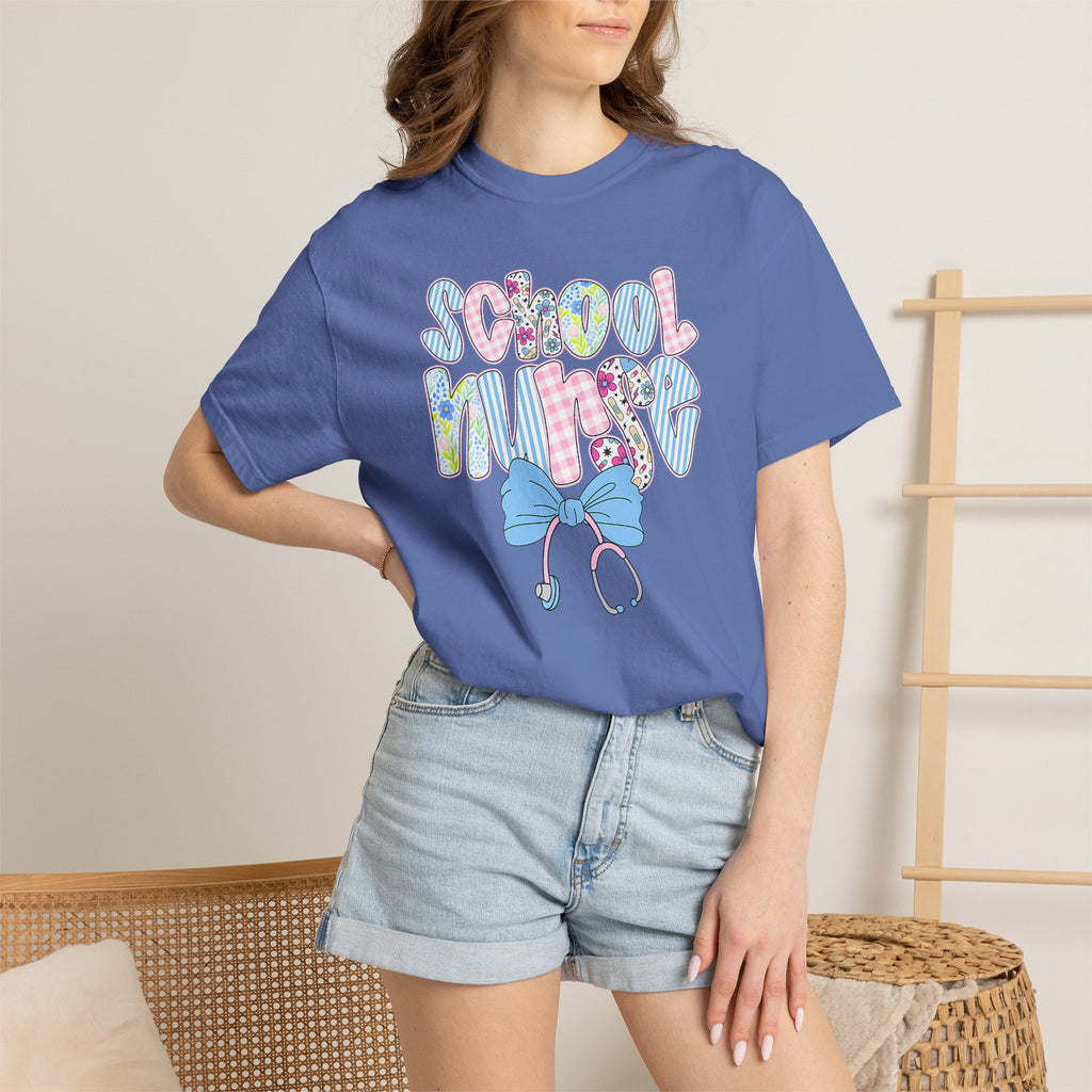 School Nurse T-Shirt — Cute Pastel Medical Design with Stethoscope & Bow