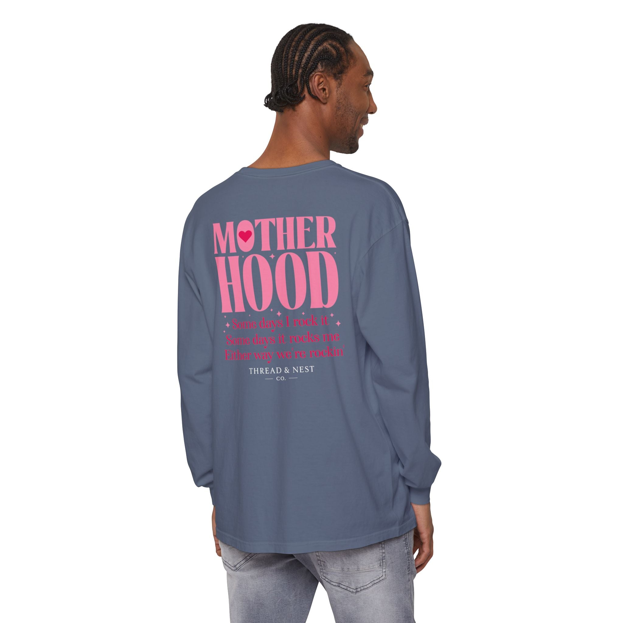Motherhood Long Sleeve Tee — Pink Retro Heart Graphic