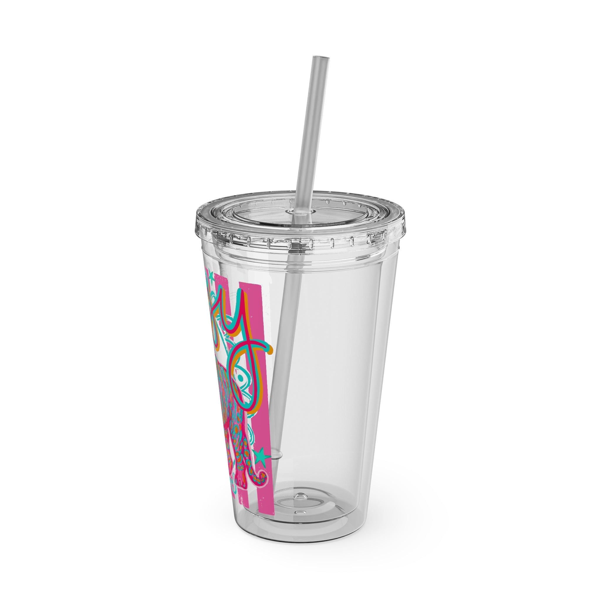 16oz Sunsplash Tumbler with Straw — Colorful 'Easy' Tiger Design
