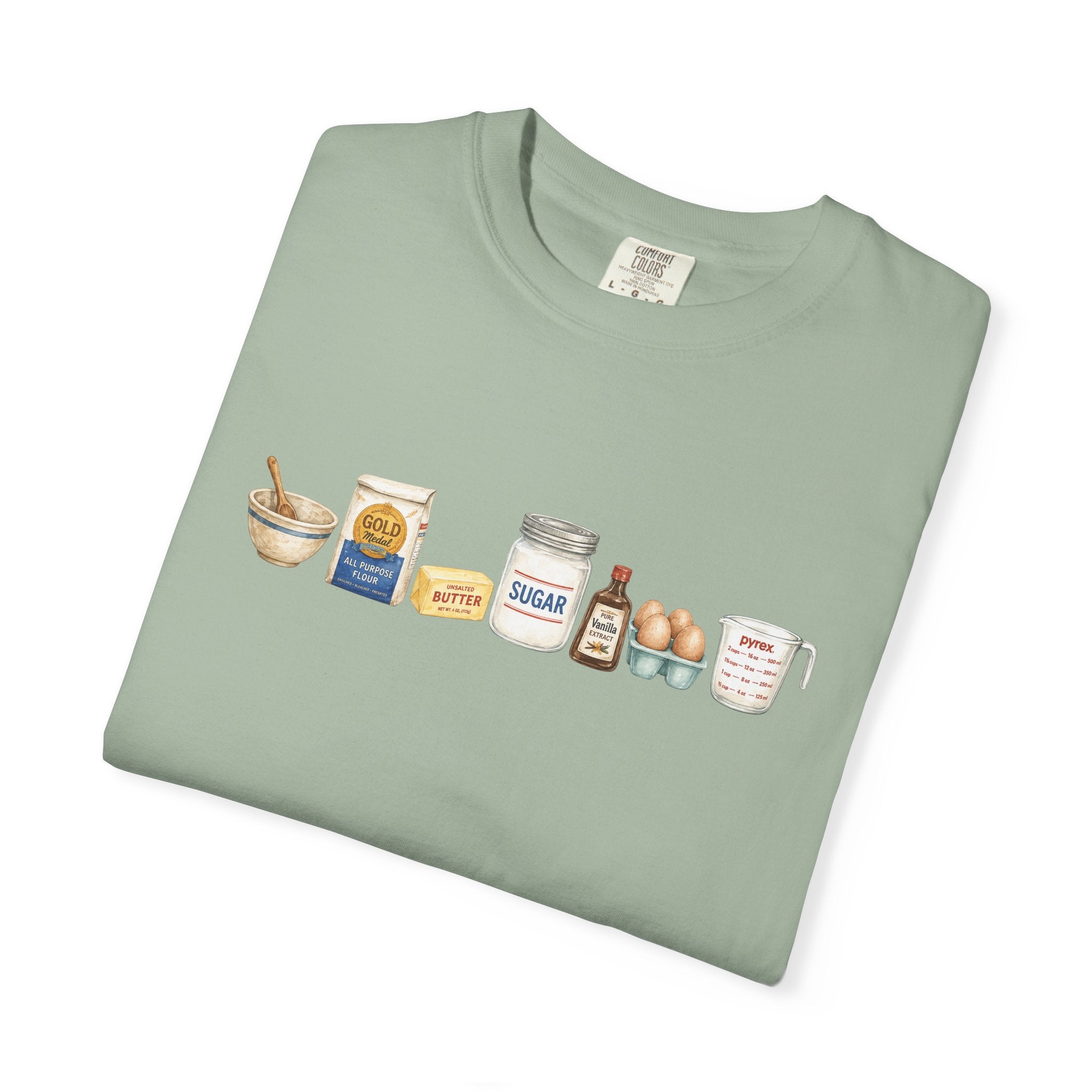 Baking Ingredients T-Shirt — Cute Illustrated Flour, Eggs & Milk Kitchen Tee