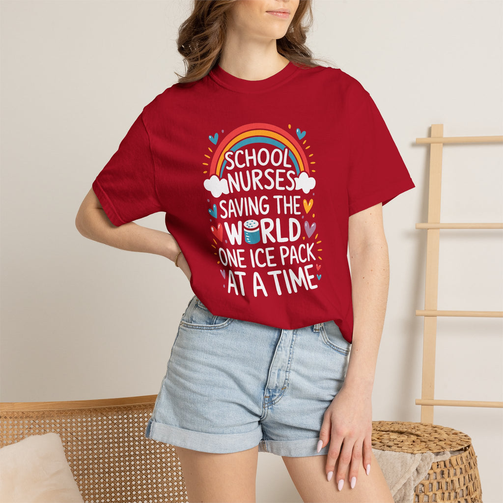 School Nurse T-Shirt — "Saving the World One Ice Pack at a Time" Cute Rainbow Graphic