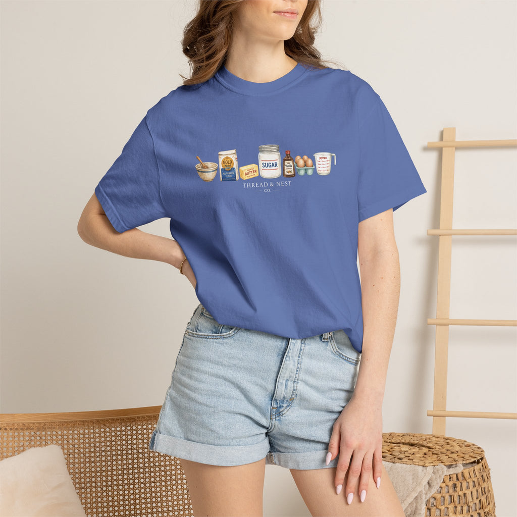 Baking Ingredients T-Shirt — Cute Illustrated Flour, Eggs & Milk Kitchen Tee