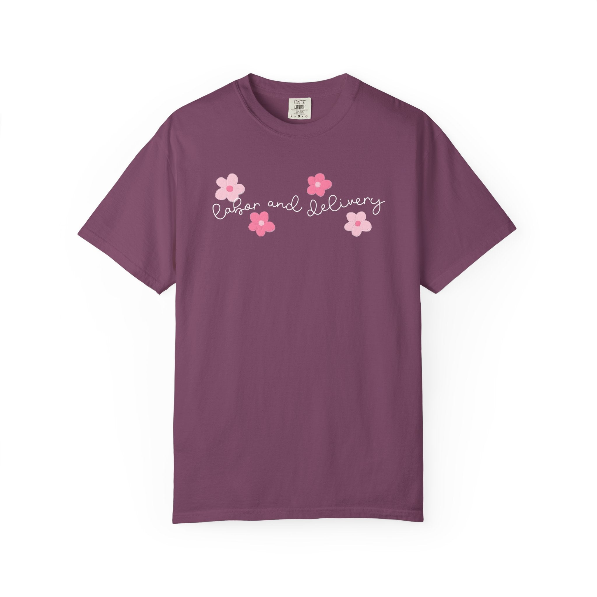 T-Shirt — “Labor and Delivery” Pink Flower Script Tee