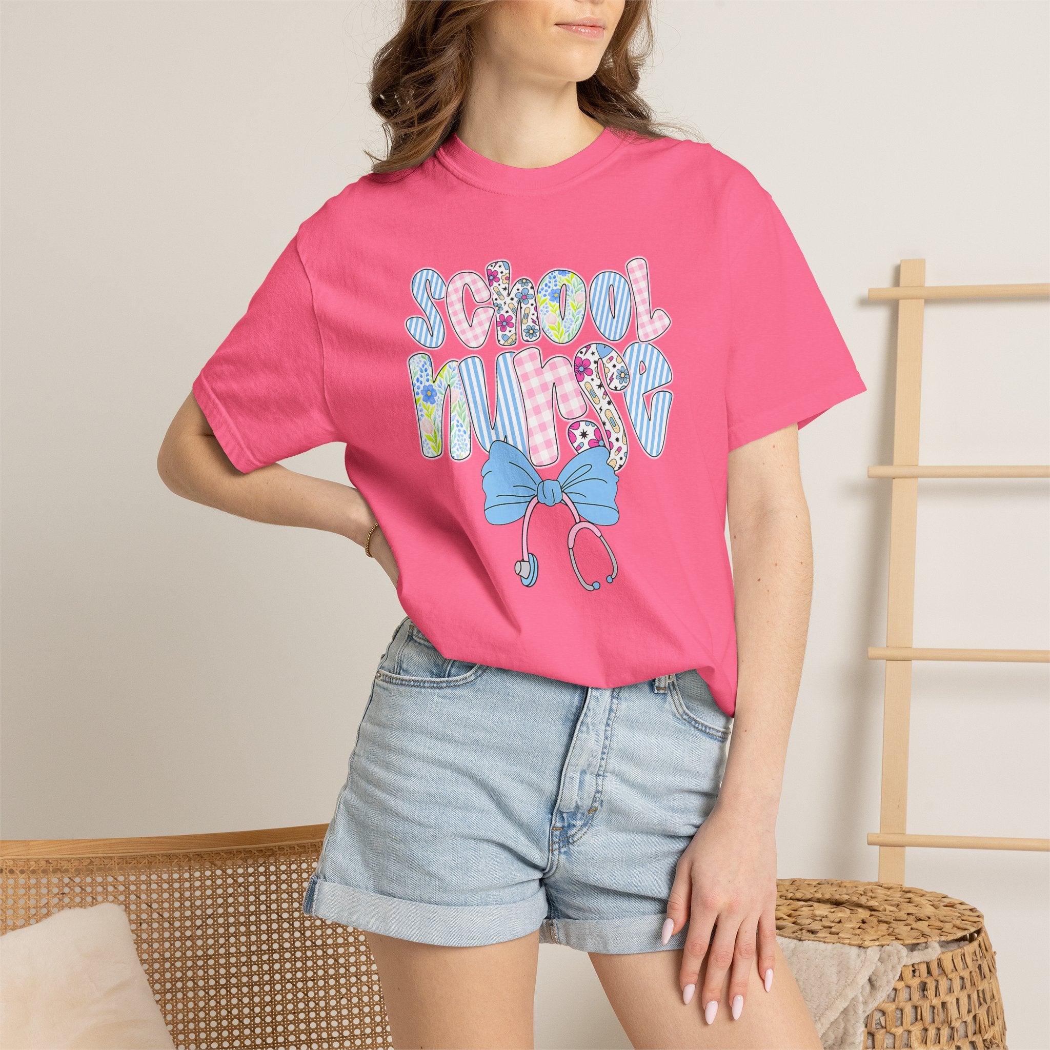 School Nurse T-Shirt — Cute Pastel Medical Design with Stethoscope & Bow
