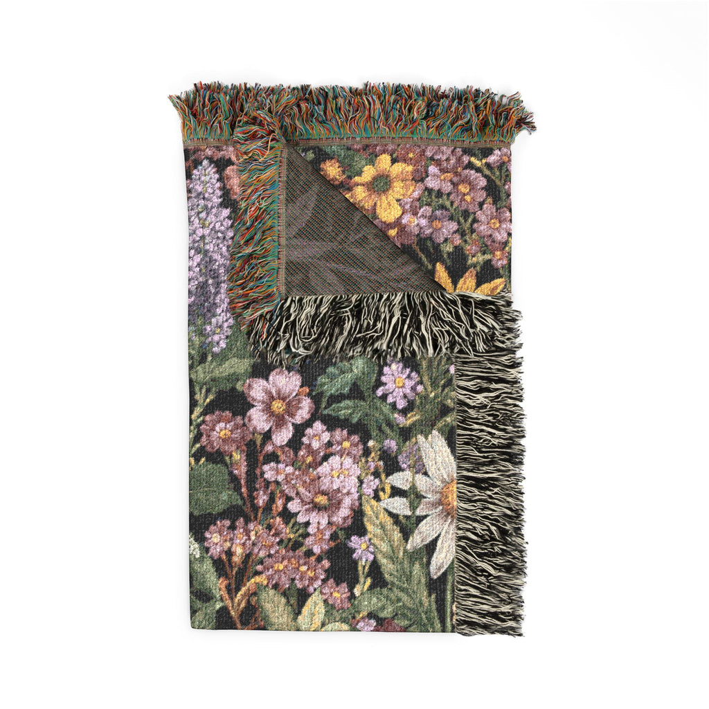 Midnight Meadow Woven Blanket — Vintage Botanical Throw for Living Room & Patio