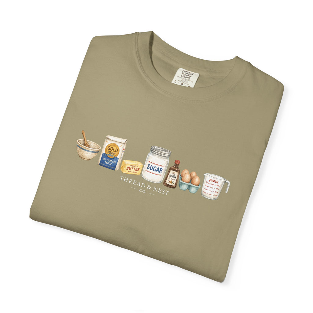 Baking Ingredients T-Shirt — Cute Illustrated Flour, Eggs & Milk Kitchen Tee