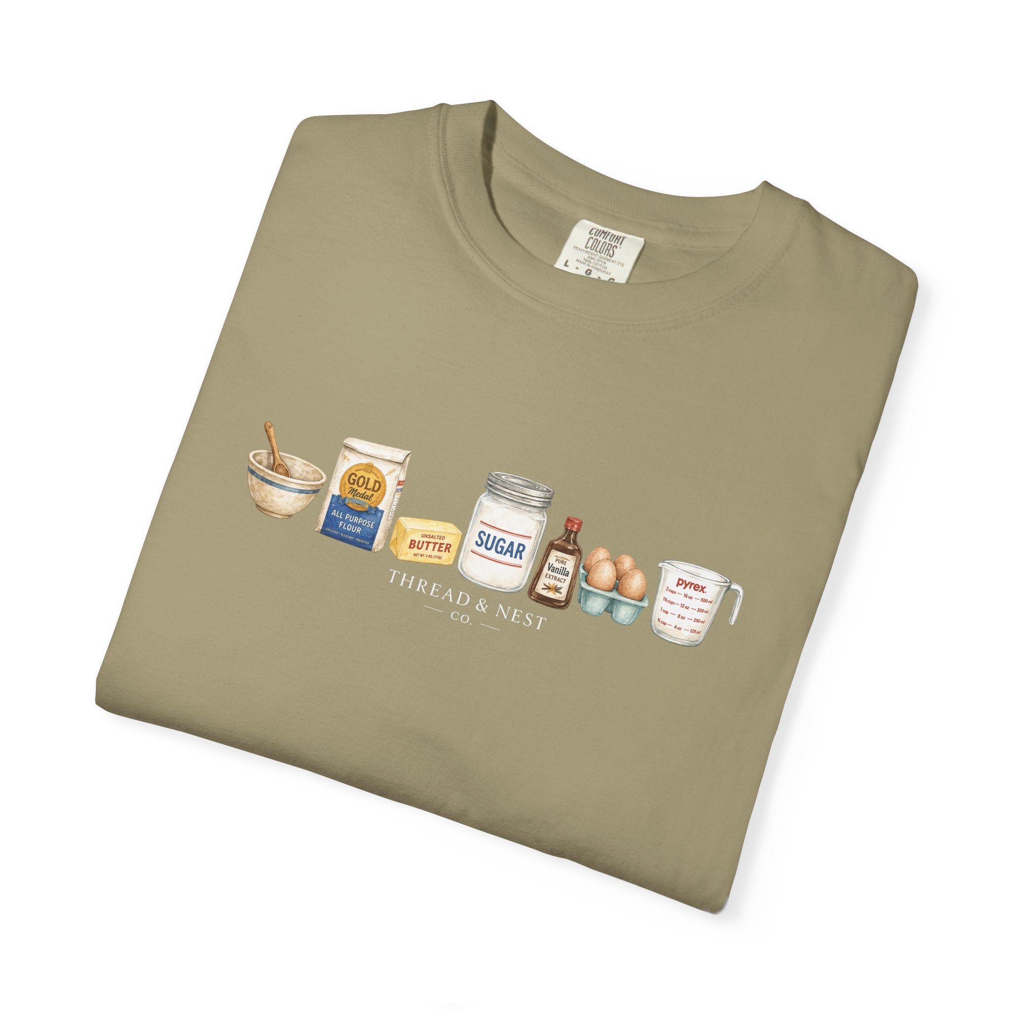 Baking Ingredients T-Shirt — Cute Illustrated Flour, Eggs & Milk Kitchen Tee